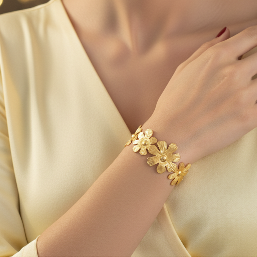 Golden Floral Bangle Bracelet