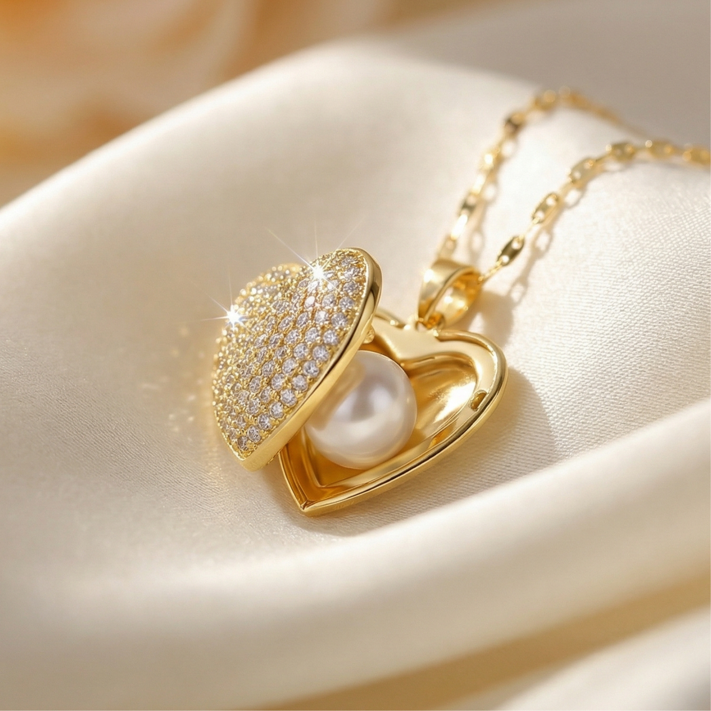 Golden Pearl Heart Locket