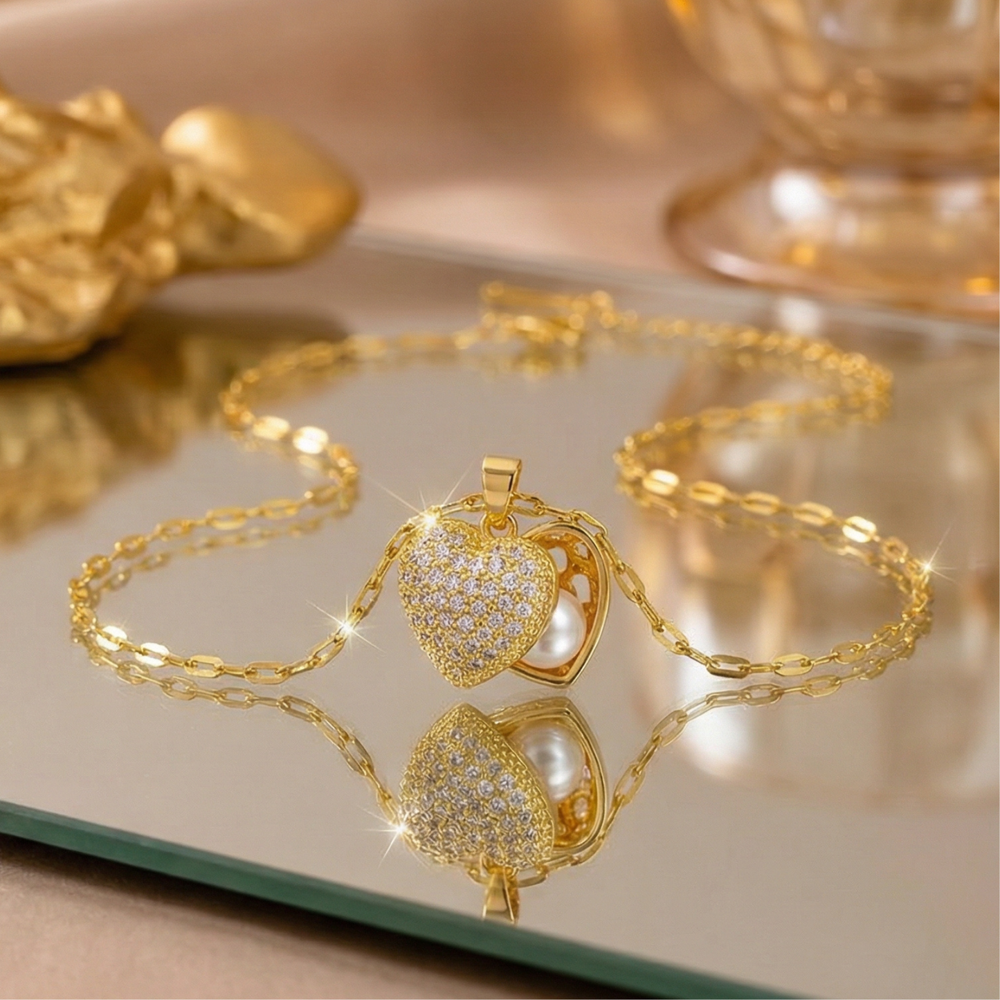 Golden Pearl Heart Locket