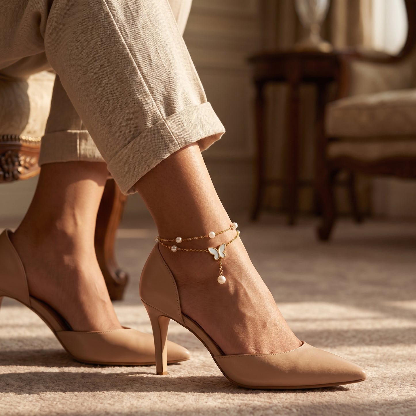 Golden Butterfly Pearl Anklet